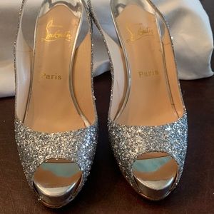Christian Louboutin open toe glitter heels